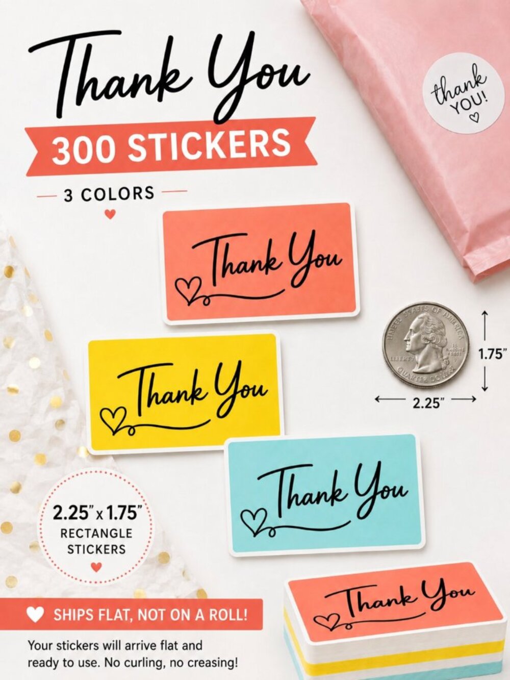 300 Thank You Packaging Stickers Rectangle Labels 2.25x1.75 Multicolor